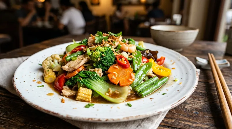 Capcay goreng dengan sayuran warna-warni disajikan di atas piring putih, tampak segar dan menggugah selera