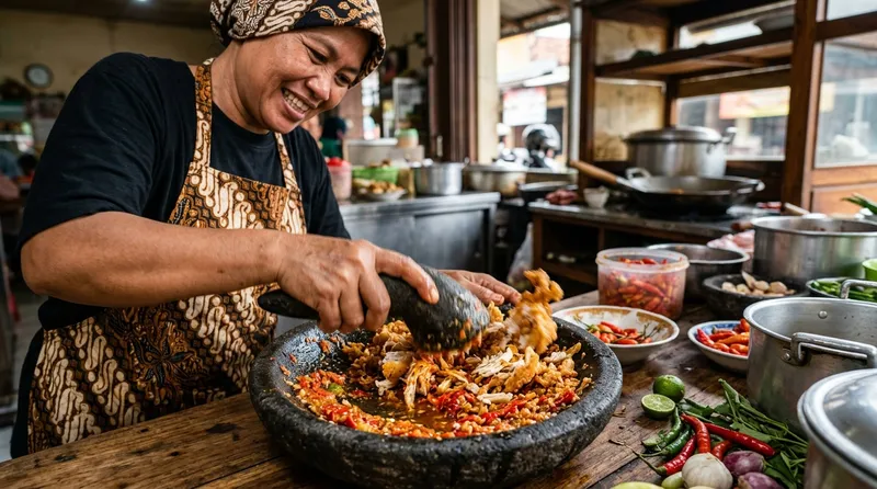 Proses menggeprek ayam goreng tepung di atas cobek batu berisi sambal bawang