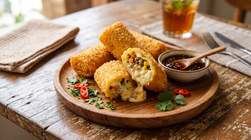 Risol mayo goreng keemasan dengan isian creamy mayo dan smoked beef yang menggugah selera