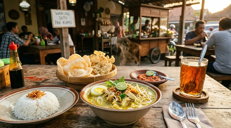 Suasana rumah makan tradisional Indonesia dengan berbagai hidangan tersaji lengkap