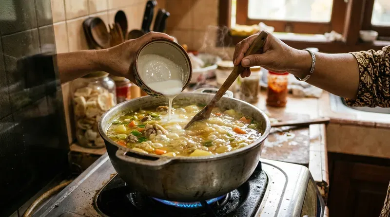 Tangan menuangkan larutan tepung maizena ke dalam panci berisi sup ayam yang sedang mendidih di atas kompor gas, sambil diaduk dengan spatula kayu