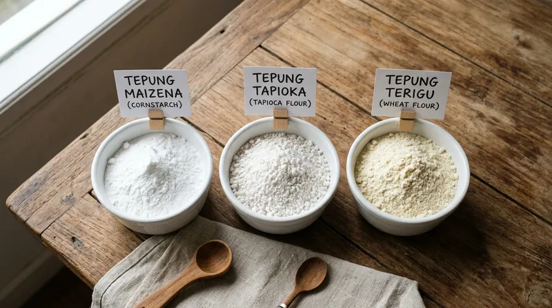 Perbandingan tiga jenis tepung: tepung maizena (kiri), tepung tapioka (tengah), dan tepung terigu (kanan) dalam mangkuk terpisah berlabel