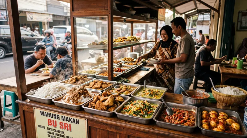 Warung makanan Indonesia dengan berbagai pilihan lauk pauk yang menggugah selera